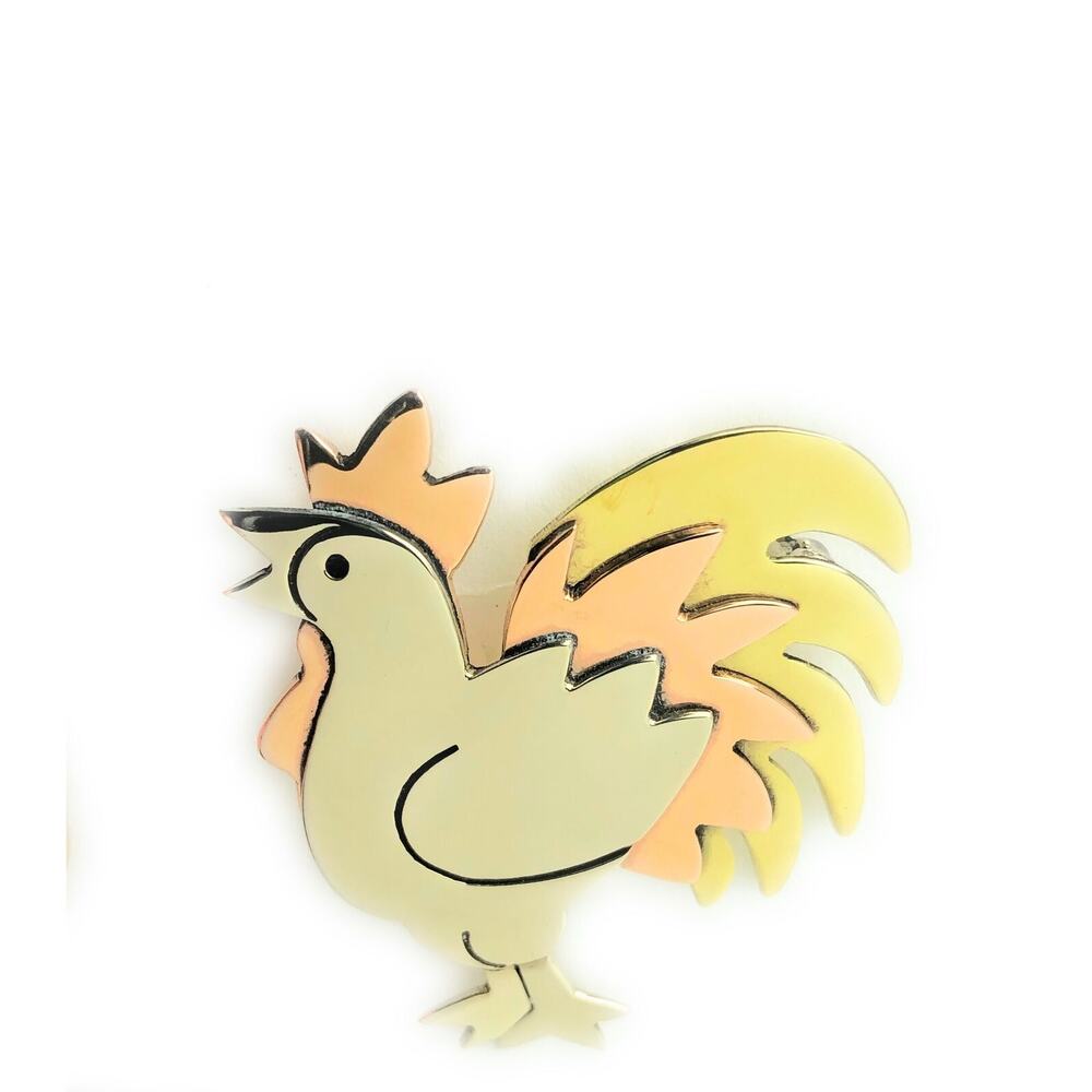 Far Fetched Rooster Pin Mixed Metals Chicken Brooch Limited Edition - Picture 2 of 3